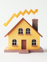 Yellow house with upward and downward trending graph arrows, representing housing market trends on a white background.