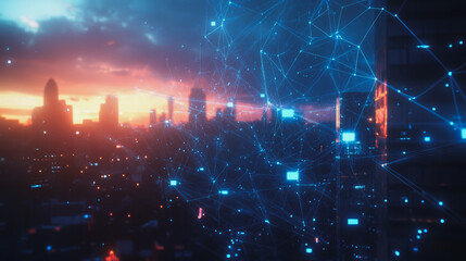 Fototapeta premium Smart digital Innovation city with connection network reciprocity over the cityscape. of future smart wireless digital city and social media networking systems that connects people with in city