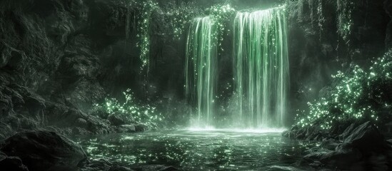 Captivating view of a magical waterfall cascading through a dense verdant forest creating a mesmerizing serene and tranquil atmosphere in this hidden enchanted oasis of natural beauty