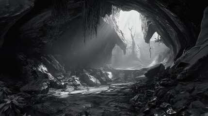 Mysterious sunlit cave entrance with lush vegetation