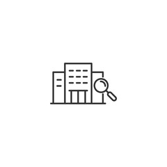 Business search icon: magnifying glass over office building