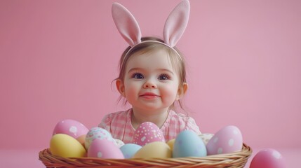 Fototapeta premium Adorable toddler girl in bunny ears with colorful easter eggs