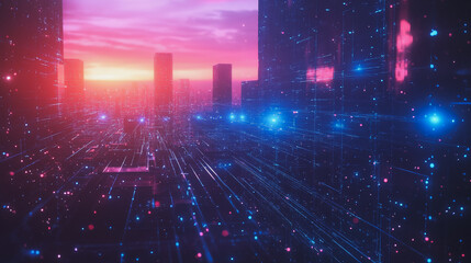 Obraz premium Smart digital Innovation city with connection network reciprocity over the cityscape. of future smart wireless digital city and social media networking systems that connects people with in city