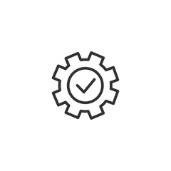 Gear with checkmark icon symbolizing quality assurance and reliability on white background