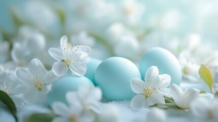 Turquoise easter eggs with white flowers on soft background for spring celebration design