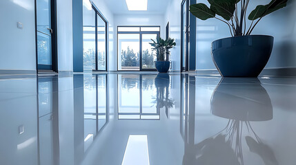 Epoxy resin flooring for commercial use, multiple resilient layers, tough and long-lasting, shiny finish, hard-wearing topcoat, sturdy foundation, seamless application