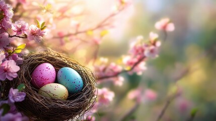 Cheerful spring renewal theme with easter eggs and blossoming cherry tree