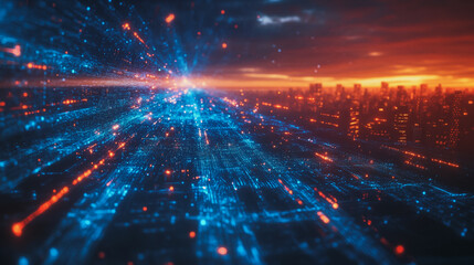 Obraz premium Smart digital Innovation city with connection network reciprocity over the cityscape. of future smart wireless digital city and social media networking systems that connects people with in city