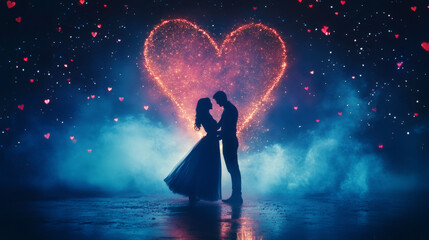 Obraz premium Silhouette of loving couple embracing under a large, sparkling heart, surrounded by floating hearts and a dreamy, romantic atmosphere