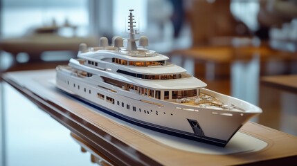Luxurious model yacht on display in a nautical exhibition setting
