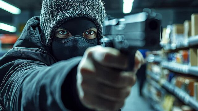 A masked intruder threatens in a dark store, instilling fear and urgency as they brandish a firearm amid the chaos.