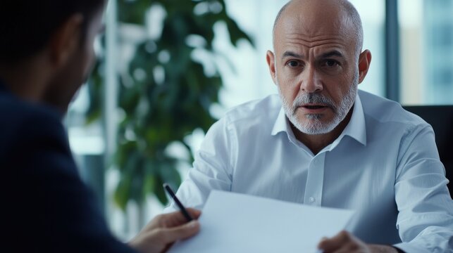 Serious focused mature businessman employer hr or client holding cv or contract listening manager, applicant during job interview, two diverse ethnic partners having negotiations at office meeting.