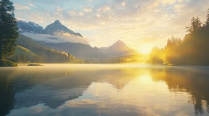 Obraz premium Tranquil mountain lake at sunrise with misty reflections and majestic peaks