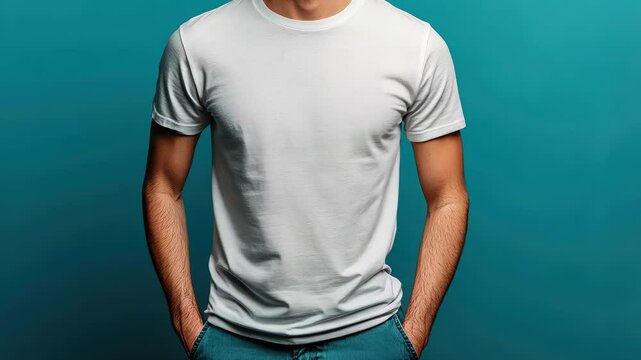 Stylish mens white tshirt mockup featuring a model in a studio, perfect for branding and fashion design projects.