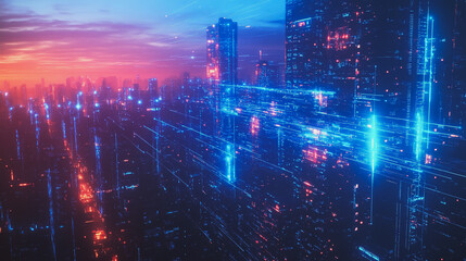 Naklejka premium Smart digital Innovation city with connection network reciprocity over the cityscape. of future smart wireless digital city and social media networking systems that connects people with in city