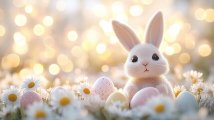 Easter celebration with plush bunny and colorful eggs in spring setting