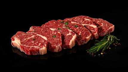 Raw sliced ribeye steak on black surface with rosemary and seasoning