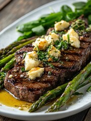 Grilled steak with buttered asparagus and leafy greens, representative of a keto diet full of protein and fat
