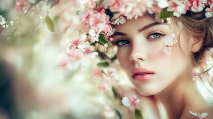 Fototapeta premium Enchanted Beauty Portrait with Delicate Pink Blossoms