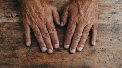 Fototapeta premium Fingers lay gently on a rustic wooden table, showcasing nails with noticeable splits and a dull texture, softly lit to emphasize the signs of wear and tear