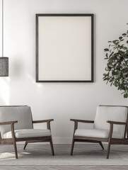 Two armchairs in room with white wall and big frame poster on it. Scandinavian style interior design of modern living room. Created with generative AI