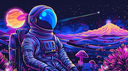 Fototapeta premium Lonely astronaut resting near luminescent mushrooms, observing glowing mountain and ringed planet in surreal vaporwave environment