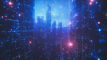 Obraz premium Smart digital Innovation city with connection network reciprocity over the cityscape. of future smart wireless digital city and social media networking systems that connects people with in city