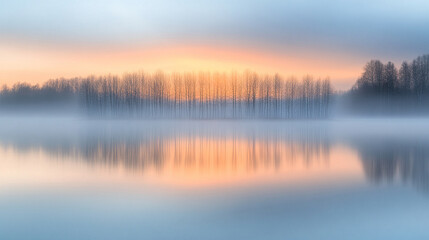 Mist rises from the forest floor at dawn, creating an air of mystery and renewal, with a soft blurred background offering space for contemplation or artistic expression

