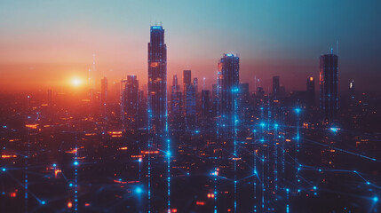 Obraz premium Smart digital Innovation city with connection network reciprocity over the cityscape. of future smart wireless digital city and social media networking systems that connects people with in city