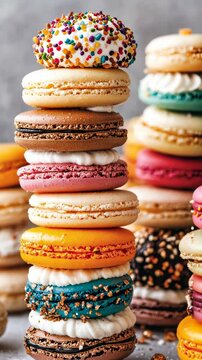 Colorful macaron tower showcases a variety of flavors and textures in a delightful pastry display