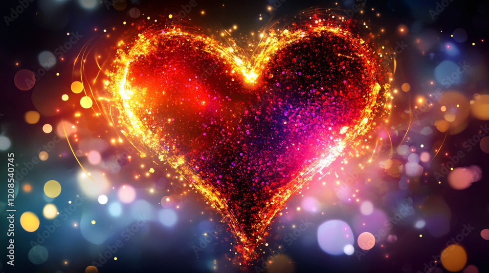 Poster bright valentine's day heart formed by colorful glowing particles with bokeh effect on a dark backgr