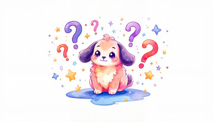 Fototapeta premium Cute puppy with question marks in colorful background