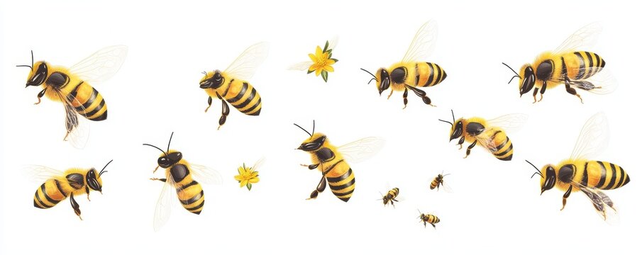 Charming collection of buzzing bees flying around vibrant yellow flowers in a lively and whimsical artistic style