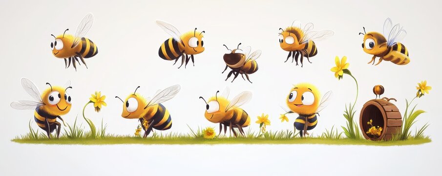 Charming collection of buzzing bees flying around vibrant yellow flowers in a lively and whimsical artistic style