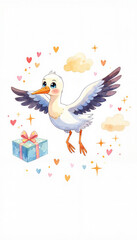 Obraz premium Stork delivering gift with colorful hearts and clouds
