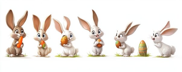 Fototapeta premium Cute white bunnies holding carrots and colorful Easter eggs, featuring cheerful expressions in a playful spring setting