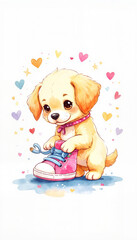 Fototapeta premium Cute puppy tying shoelaces with colorful hearts in the background