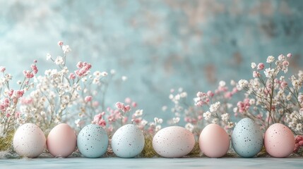 Fototapeta premium Beautiful easter pastel background with speckled eggs and delicate spring flowers for copy space design