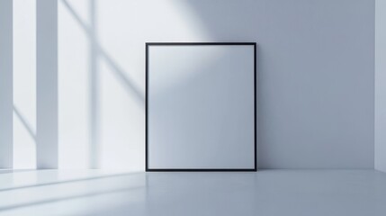 Minimalist black frame against sunlit white wall in modern interior