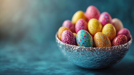 Vibrant easter eggs in foil-wrapped bowl for festive spring decorations