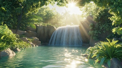 Sunlit tropical waterfall surrounded by lush greenery