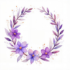Fototapeta premium Watercolor floral wreath with purple flowers and leaves