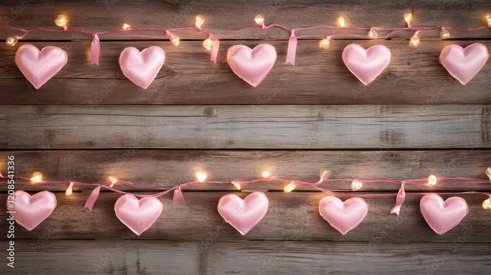 Poster valentine's day background with pink hearts hanging from a string of lights on rustic wooden planks