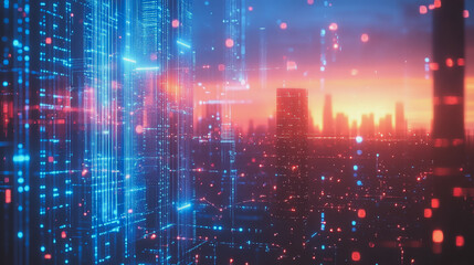 Obraz premium Smart digital Innovation city with connection network reciprocity over the cityscape. of future smart wireless digital city and social media networking systems that connects people with in city