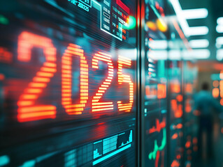 A futuristic display shows the year 2025 with vibrant digital elements, symbolizing technology and data analytics.