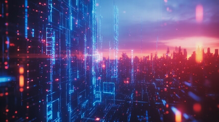 Obraz premium Smart digital Innovation city with connection network reciprocity over the cityscape. of future smart wireless digital city and social media networking systems that connects people with in city