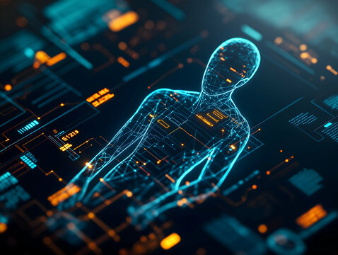A holographic representation of a human figure surrounded by digital data and interfaces, emphasizing technology and human-computer interaction. - Powered by Adobe