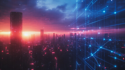 Fototapeta premium Smart digital Innovation city with connection network reciprocity over the cityscape. of future smart wireless digital city and social media networking systems that connects people with in city