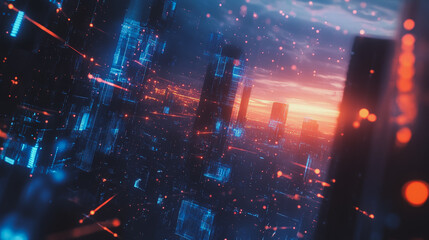 Fototapeta premium Smart digital Innovation city with connection network reciprocity over the cityscape. of future smart wireless digital city and social media networking systems that connects people with in city