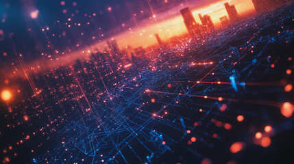 Fototapeta premium Smart digital Innovation city with connection network reciprocity over the cityscape. of future smart wireless digital city and social media networking systems that connects people with in city
